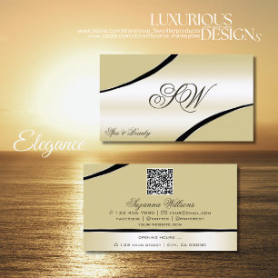 Champagne Beige Curved Lines Monogram and QR Code Business Card