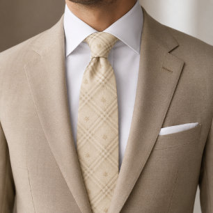 Champagne Beige Windowpane Plaid Neck Tie