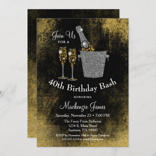 Champagne Birthday Invitation Black Gold Silver