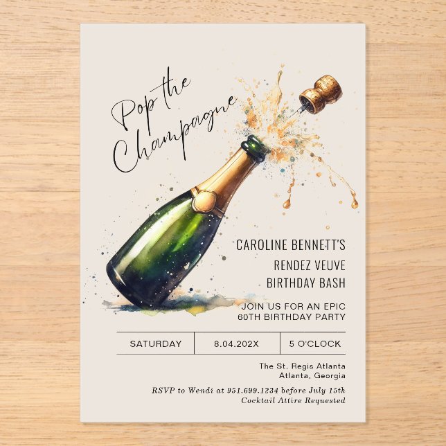 Champagne Birthday Party Acrylic Invitations (Front)