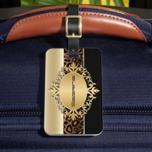 Champagne Black and Leopard Animal Print Luggage Tag
