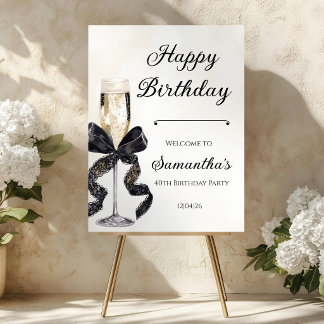 champagne & Black Coquette Bow Happy Birthday Sign