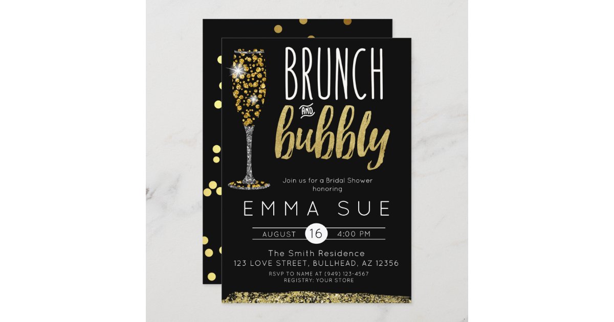 Champagne Black Gold Brunch & Bubbly Bridal shower Invitation | Zazzle