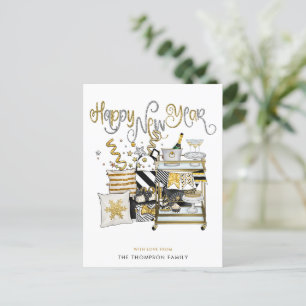 Champagne Black Gold Glitter Text Happy New Year Holiday Postcard