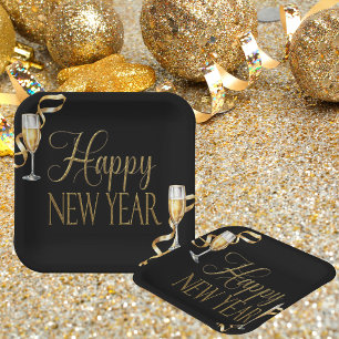 Champagne Black & Gold New Year's Eve Party Paper Plates
