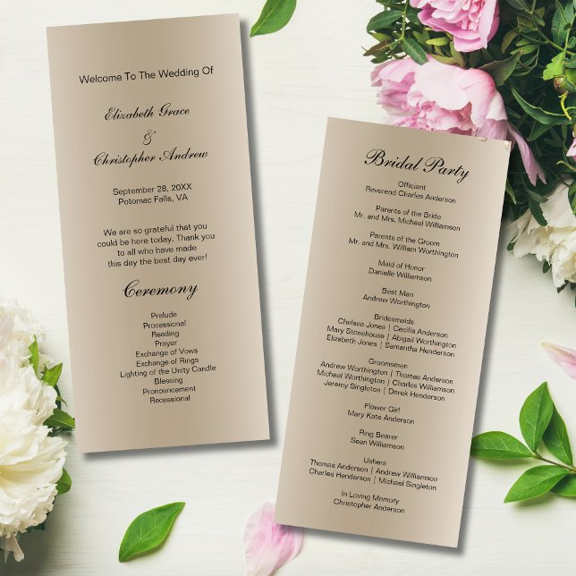 Champagne Black Script Wedding Program Card (Champagne color Black Script Wedding Program)