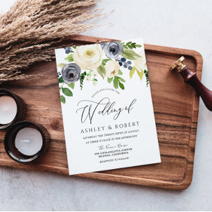 Champagne Blush Navy Blossom Flowers Wedding Invitation