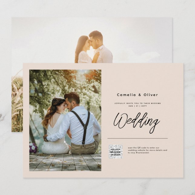 Champagne Blush PHOTO Wedding Invitation QR Code (Front/Back)