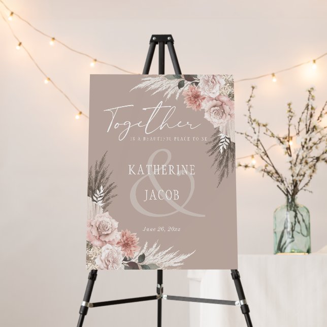 Champagne Boho Floral Neutral Wedding Welcome Sign (In Situ (Stand))