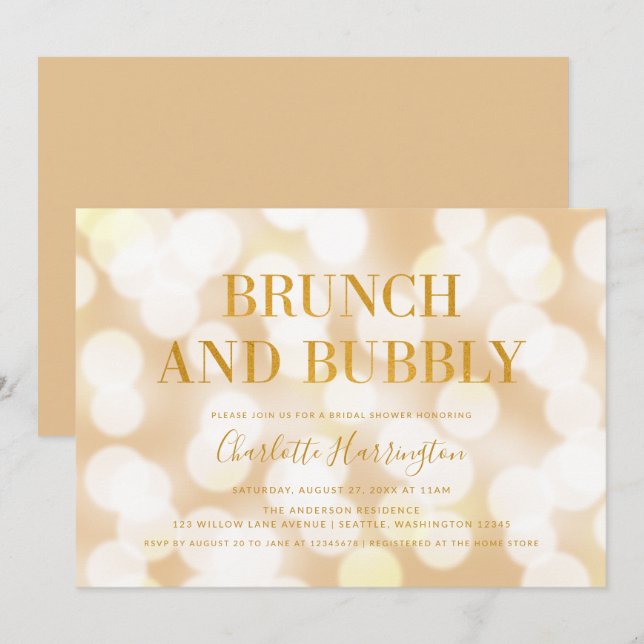 Champagne Bokeh Brunch and Bubbly Bridal Shower Invitation (Front/Back)
