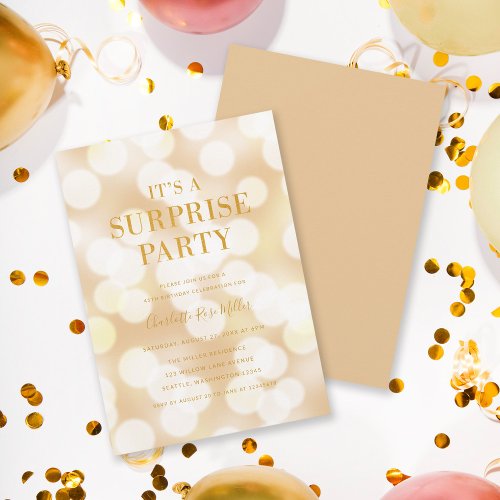 Champagne Bokeh Its a Surprise Party Birthday Invitation