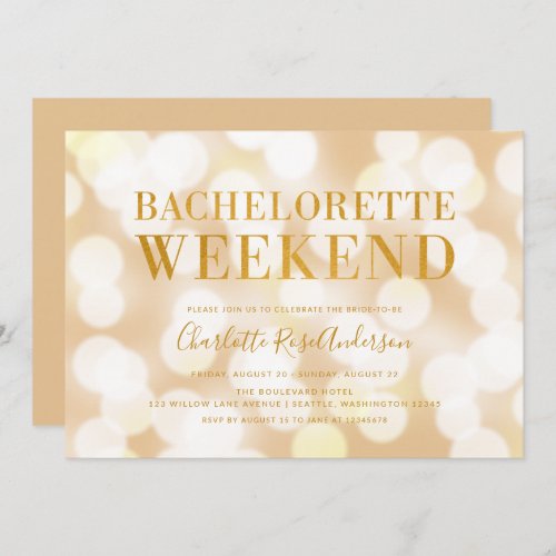 Champagne Bokeh Lights Bachelorette Weekend Invitation