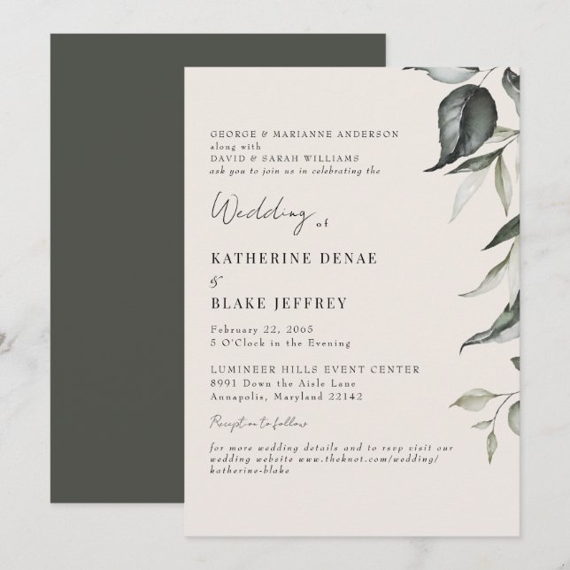 Champagne Botanical Foliage Website Wedding Invitation (Front/Back)