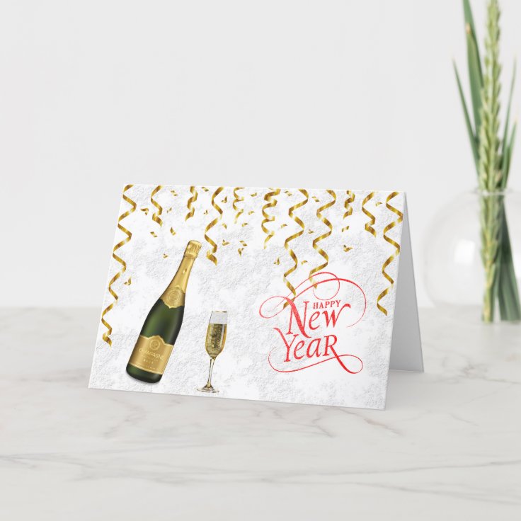 Champagne Bottle Glass Confetti New Year Holiday Card | Zazzle