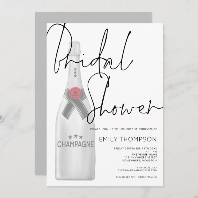 Champagne Bottle Stylish Script Bridal Shower Invitation (Front/Back)