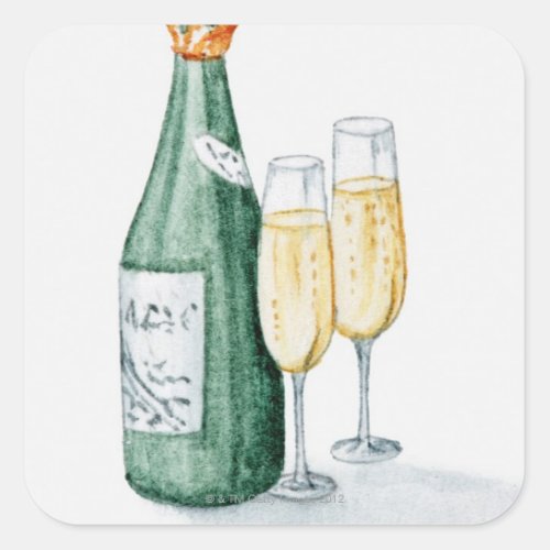 Champagne Bottles and Two Glasses Square Sticker