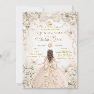 Champagne Bow Floral Quinceañera Princess Invitation