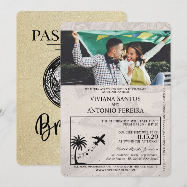 Champagne Brazil Passport Wedding Invitation (Front/Back)