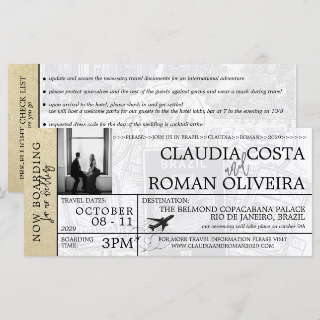 Champagne Brazil Wedding Boarding Pass Invitation (Front/Back)