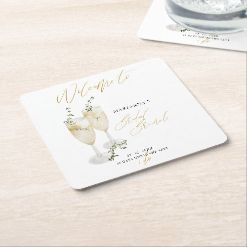 Champagne Bridal Brunch Gold Calligraphy Welcome Square Paper Coaster