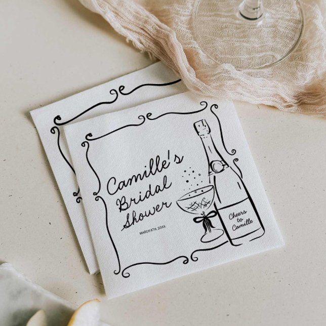 Champagne Bridal Shower Hand Drawn Napkins (Fun Retro Hand Drawn Bridal shower Napkin)