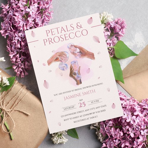 Champagne Bridal Shower Petals and Prosecco Pink Invitation