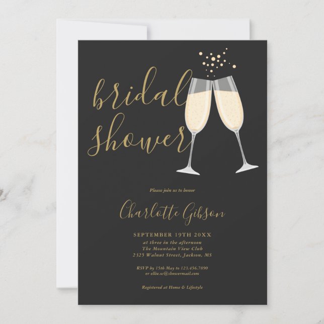 Champagne Bridal Shower QR Code Black And Gold Invitation (Front)