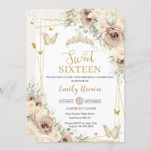 Champagne Brown Floral Butterflies Sweet Sixteen Invitation