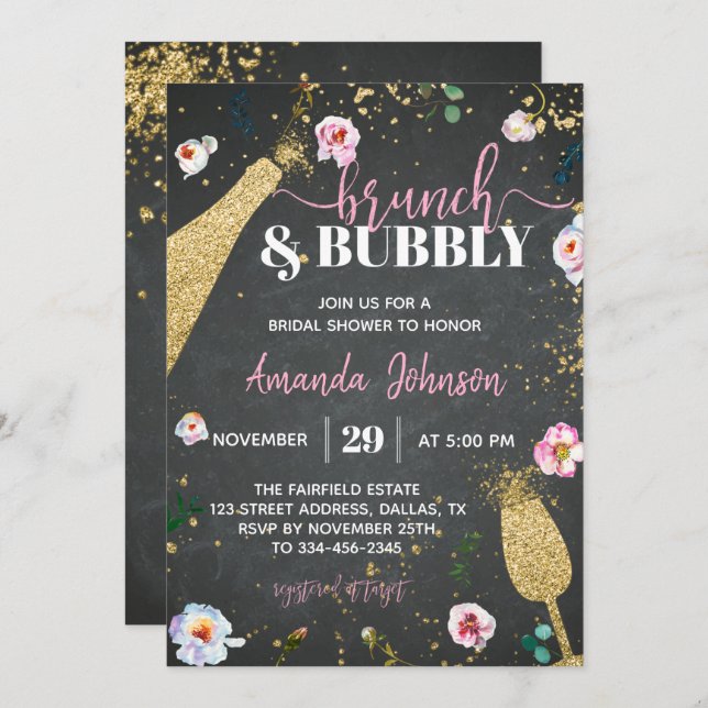 Champagne Brunch & Bubbly Bridal Shower Invitation (Front/Back)