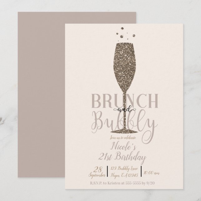 Champagne Brunch & Bubbly Gold Birthday Party Invitation (Front/Back)