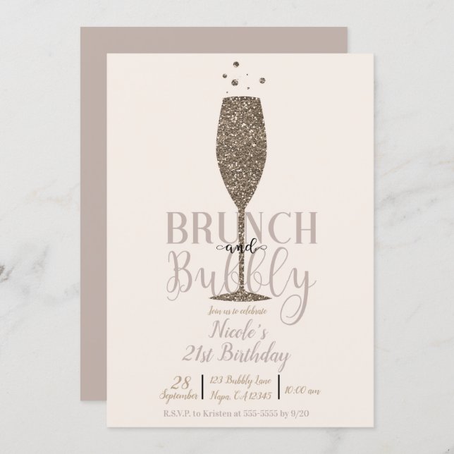 Champagne Brunch & Bubbly Gold Birthday Party Invitation (Front/Back)