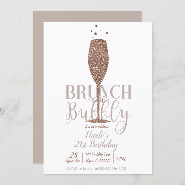 Champagne Brunch & Bubbly Rose Gold Birthday Party Invitation (Front/Back)