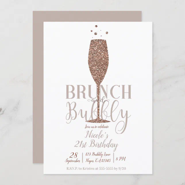 Champagne Brunch & Bubbly Rose Gold Birthday Party Invitation | Zazzle