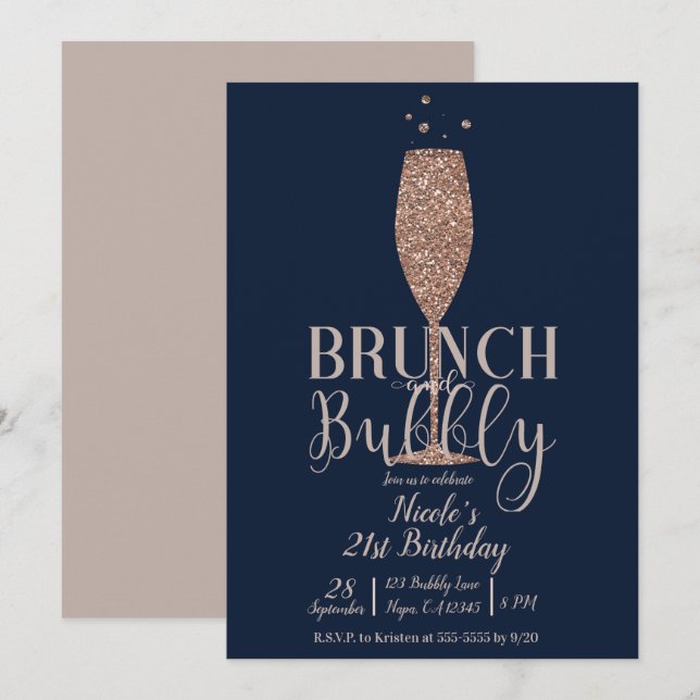 Champagne Brunch Bubbly Rose Gold Navy Birthday Invitation (Front/Back)