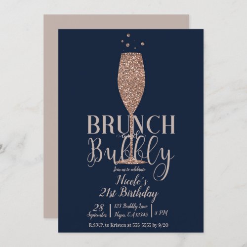 Champagne Brunch Bubbly Rose Gold Navy Birthday Invitation
