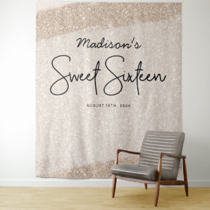 Champagne Brush Glitter Sweet 16 Backdrop Tapestry