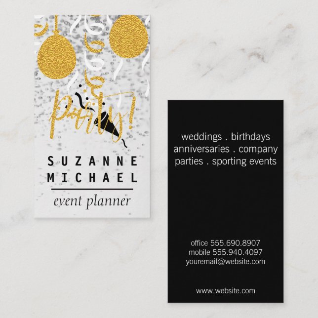 Champagne Bubbles Confetti Party | Gold Party Business Card (Front/Back)