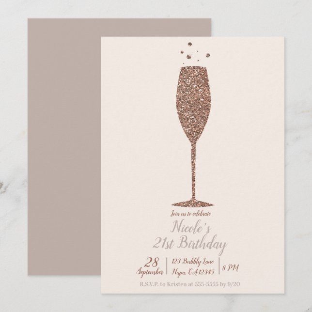 Champagne Bubbly Chic Rose Gold Birthday Party Invitation (Front/Back)