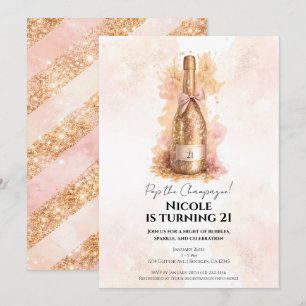 Champagne Bubbly & Gold Glitter 21 21ST Birthday  Invitation