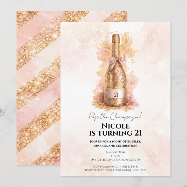 Champagne Bubbly & Gold Glitter 21 21ST Birthday  Invitation (Front/Back)