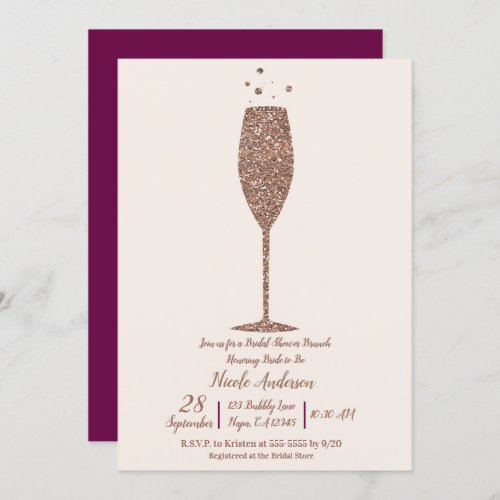 Champagne Bubbly Rose Gold Bridal Shower Brunch Invitation