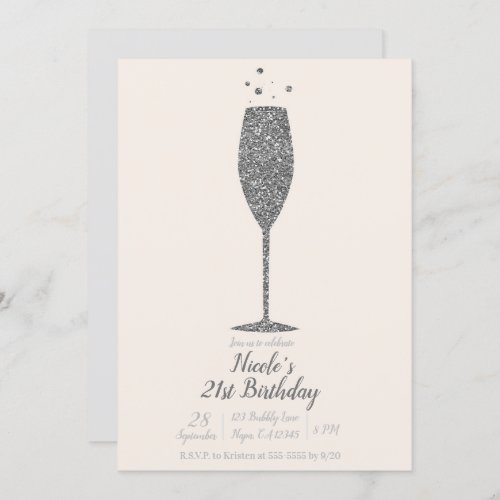 Champagne Bubbly Silver Glitter Birthday Party Invitation