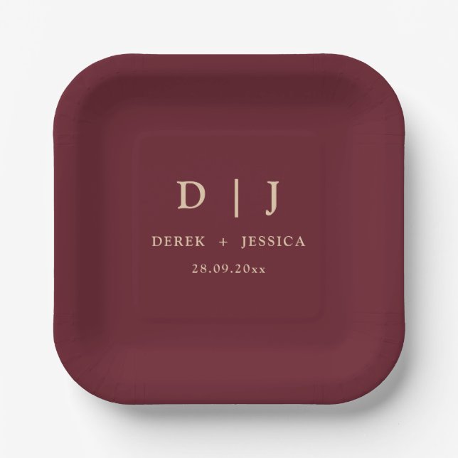 Champagne & Burgundy Elegant Luxury Wedding  Paper Plates (Front)