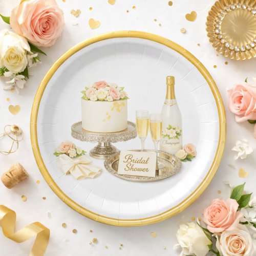 Champagne Cake Gold Rim Bridal Shower Paper Plates
