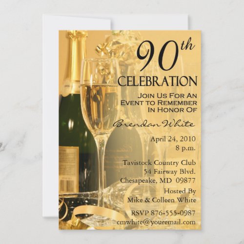 Champagne Celebration 90th Birthday Invitations