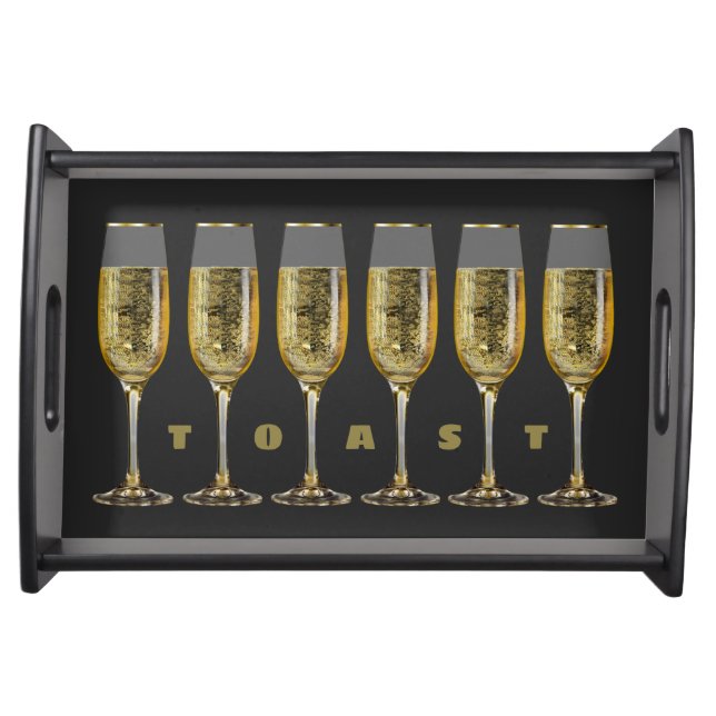 CHAMPAGNE CELEBRATION. TOAST  PARTY GLASSES. BLACK SERVING TRAY (Front)