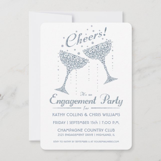 Champagne Cheer Engagement Invitation Silver (Front)