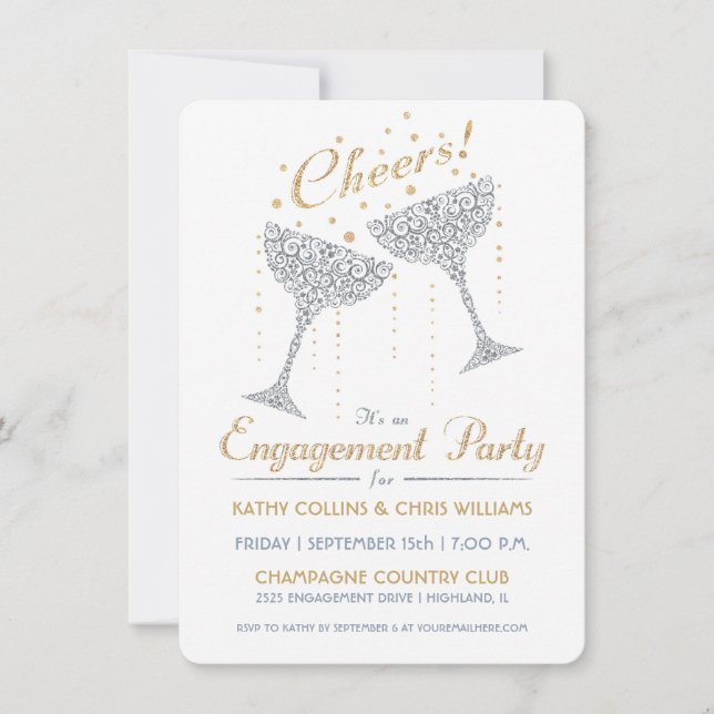 Champagne Cheer Engagement Invitation Silver Gold (Front)