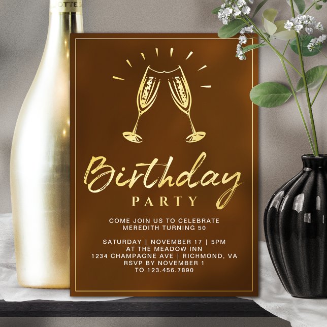 Champagne Cheers Burnt Orange Rust & Gold Birthday Foil Invitation (Creator Uploaded)