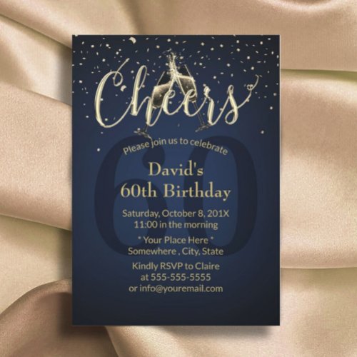 Champagne Cheers Navy Blue 60th Birthday Party Invitation